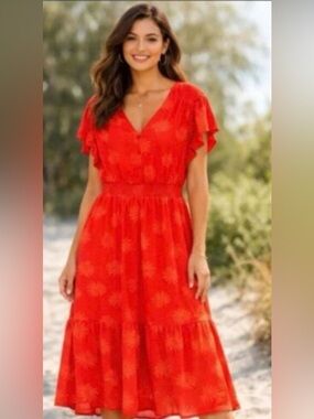 C BY ONE Plus Size 1X Red Orange Maxi Dress RUFFLE SLEEVE SMOCKED WAIST POCKETS